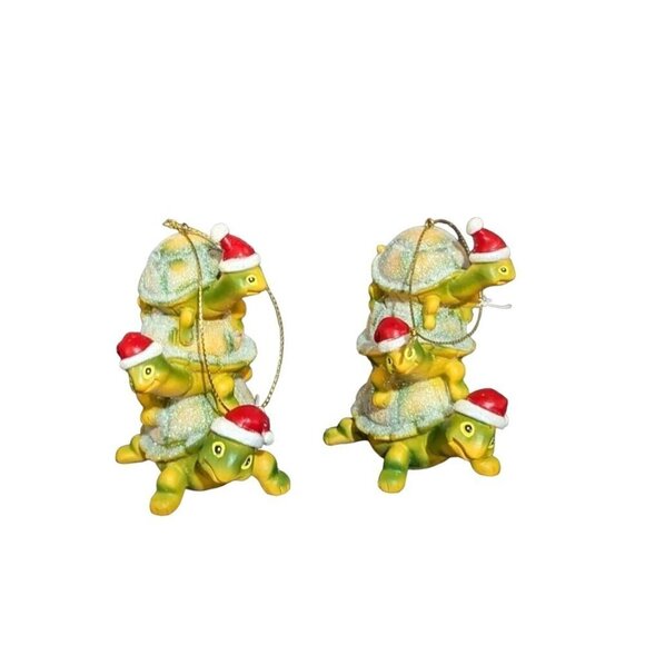 Glittery stacked Turtle Christmas Ornaments With Santa Hats - Set Of 2 - Picture 1 of 9